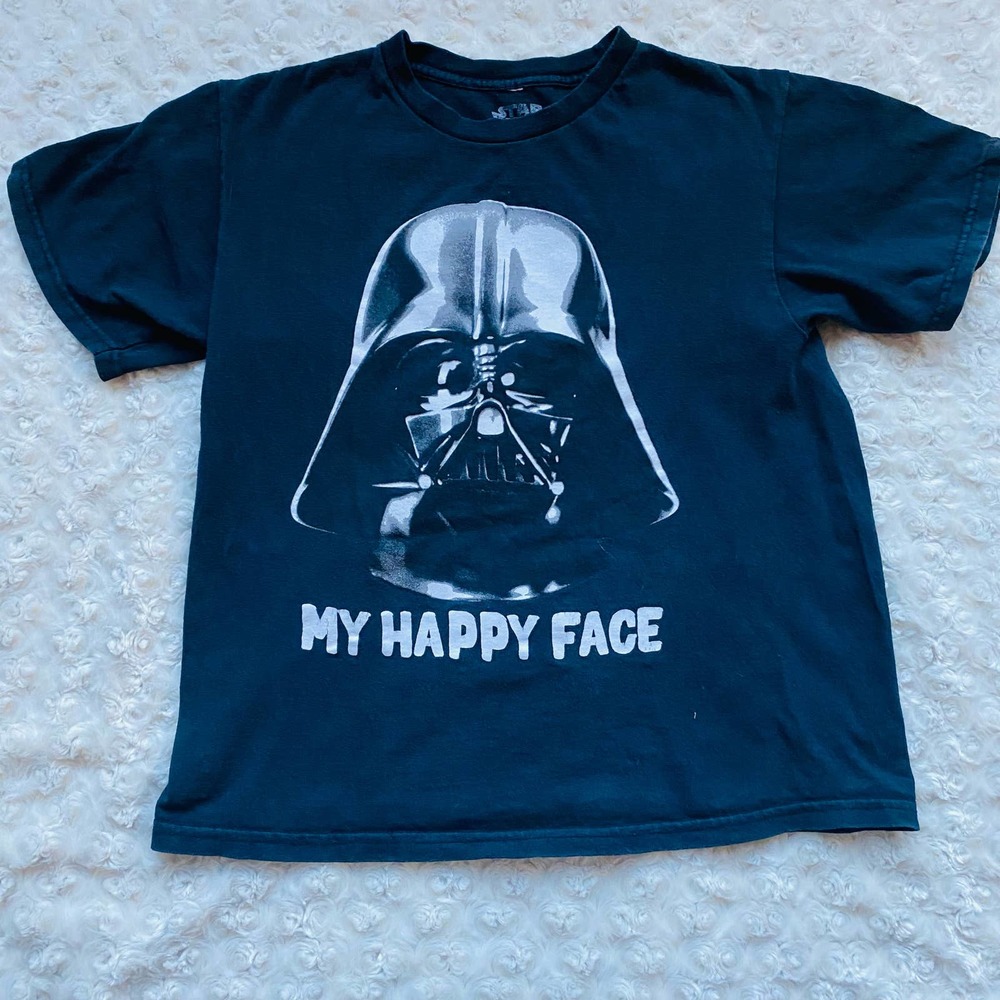 Star Wars Darth Vader Kids Black Cotton "My Happy Face" Tee Shirt Sz Large